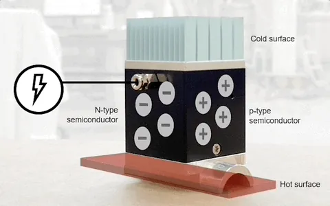 Seebeck effect converting temperature differential into electrical power